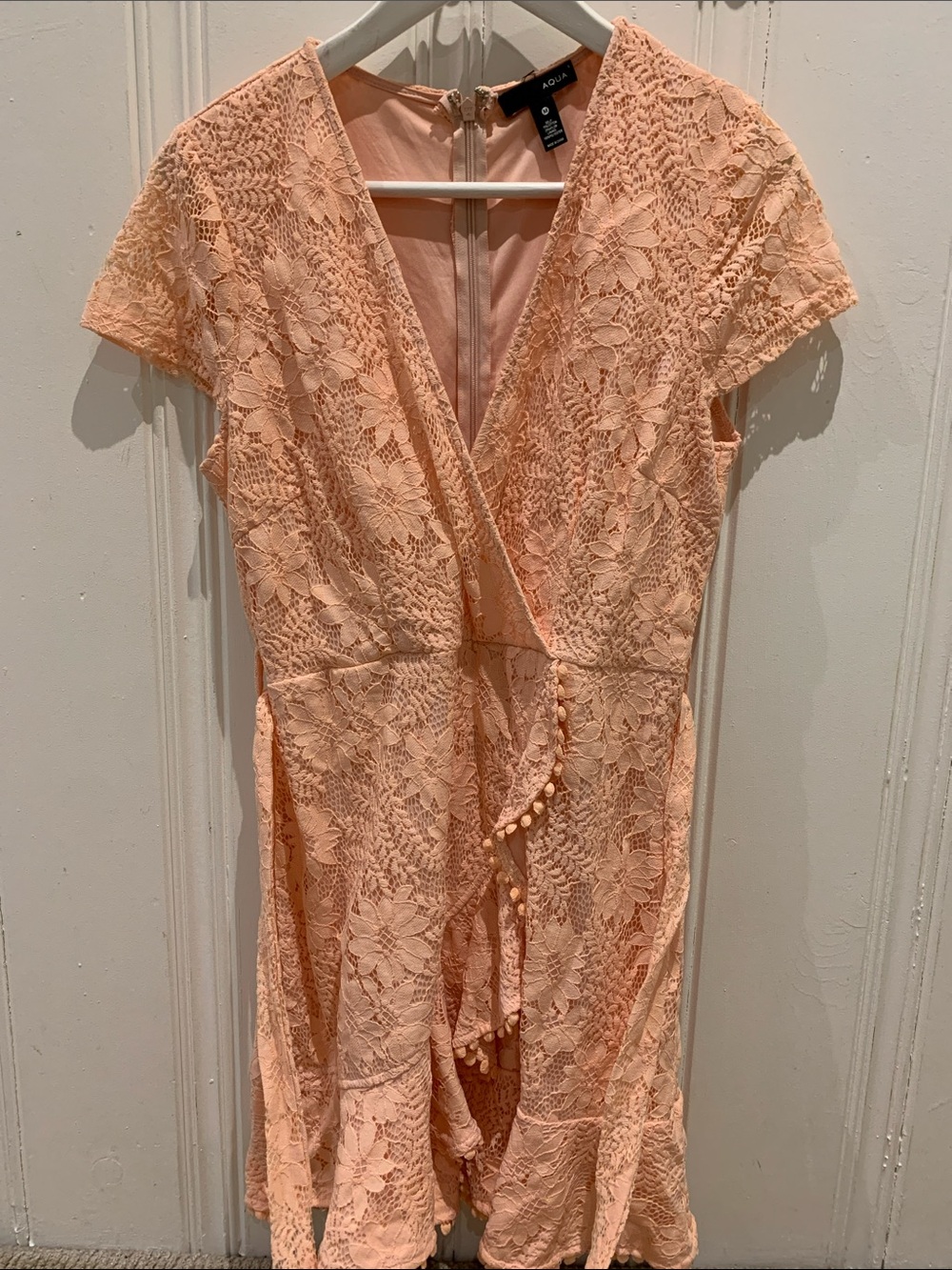 Aqua Peach Lace Wrap Romper with Pom Trim